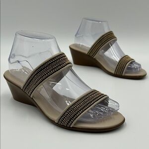 Toscanella Low Wedge Sandals Women's Tan Gold Textured Straps Slip On